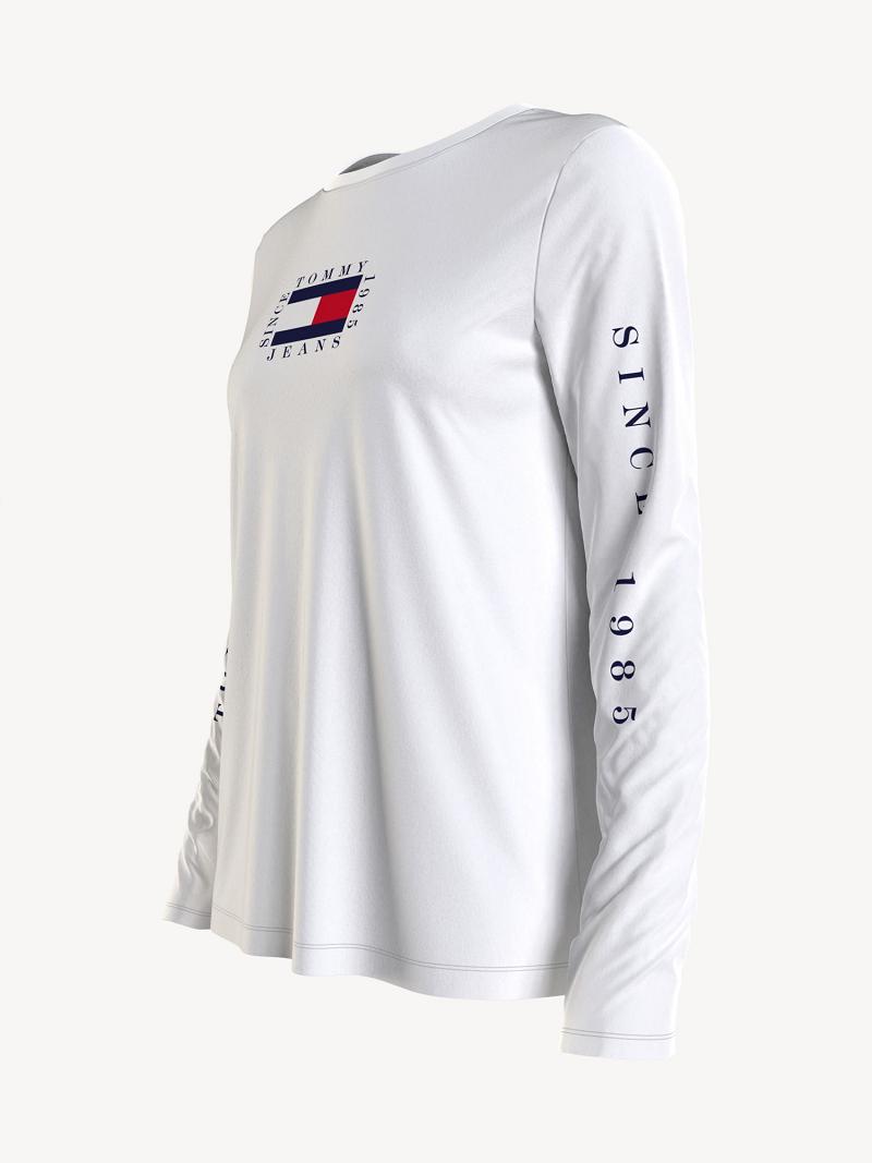 Női Tommy Hilfiger Long-Sleeve Logo Póló Fehér | HU 461ZUT